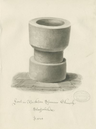 Fonte na Igreja Rushton Spencer: desenho de lavagem sépia de John Buckler