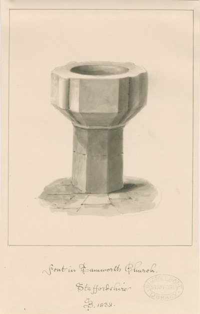 Fonte na Igreja de Tamworth: desenho sépia de John Buckler