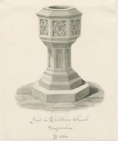 Fonte na Igreja de Trentham: desenho em sépia, 1844 de John Buckler