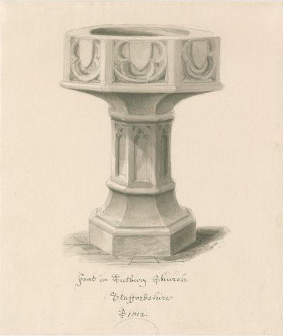 Fonte em Tutbury Priory Church: desenho de sepia wash de John Buckler