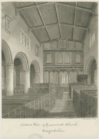 Interior da Igreja Caverswall: desenho sépia de John Buckler