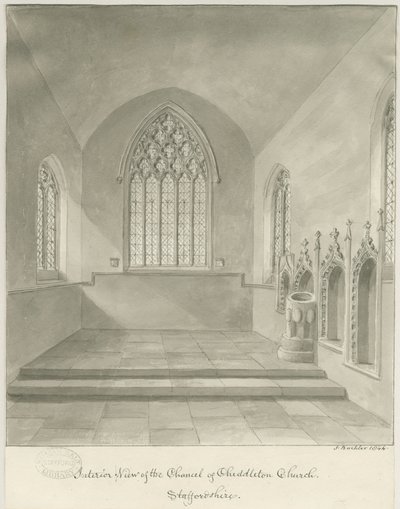 Interior da Igreja de Cheddleton: desenho sépia de John Buckler