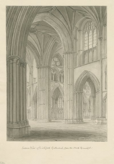Interior da Catedral de Lichfield - Travessia do Transepto Norte: desenho em sépia de John Buckler