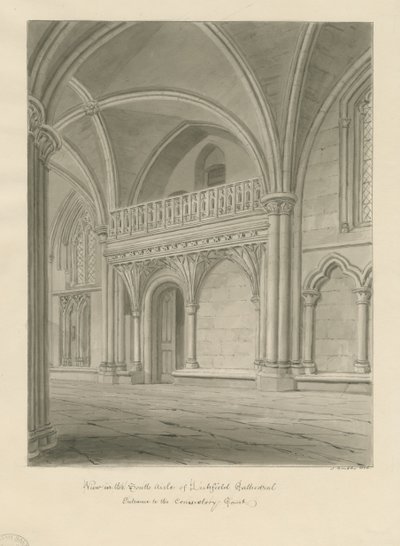 Interior da Catedral de Lichfield - Entrada do Tribunal de Consistório: desenho sépia de John Buckler
