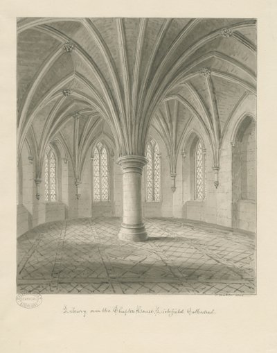 Interior da Catedral de Lichfield - Biblioteca acima da Casa do Capítulo: desenho sépia de John Buckler