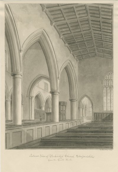 Interior da Igreja de Penkridge: desenho sépia de John Buckler