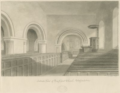 Interior da Igreja de Seighford: desenho sépia de John Buckler