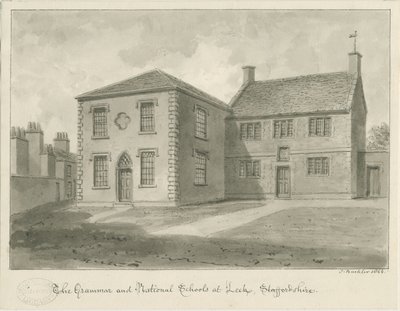 Leek Town - Grammar School: desenho em sépia, 1844 de John Buckler