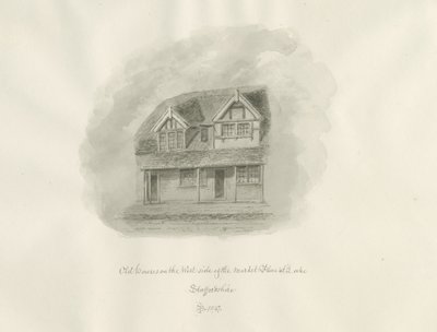 Leek Town - Casas antigas em Market Place: desenho sépia de John Buckler