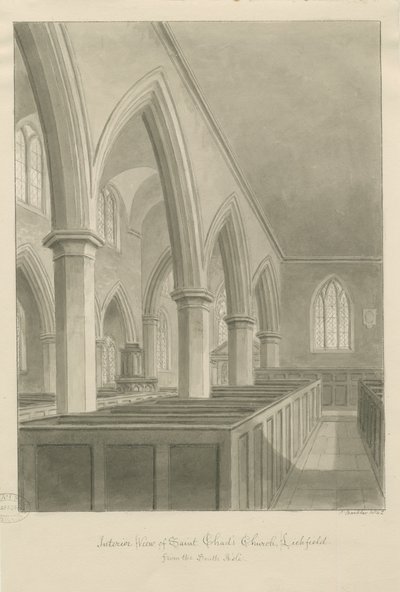 Lichfield - Interior da Igreja de St. Chad: desenho sépia de John Buckler