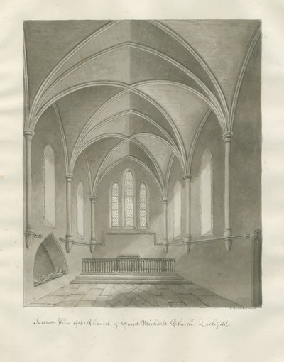 Lichfield - Interior da Igreja de São Miguel: desenho sépia de John Buckler