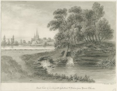 Catedral de Lichfield - Vista leste: desenho em sépia, 1844 de John Buckler