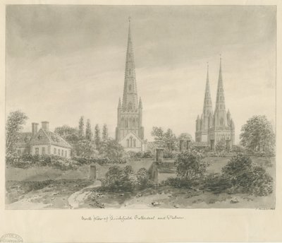 Catedral de Lichfield - vista norte: desenho em sépia, 1838 de John Buckler