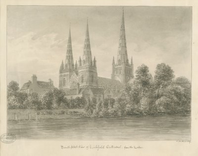 Catedral de Lichfield - Vista sudoeste: desenho em sépia de John Buckler