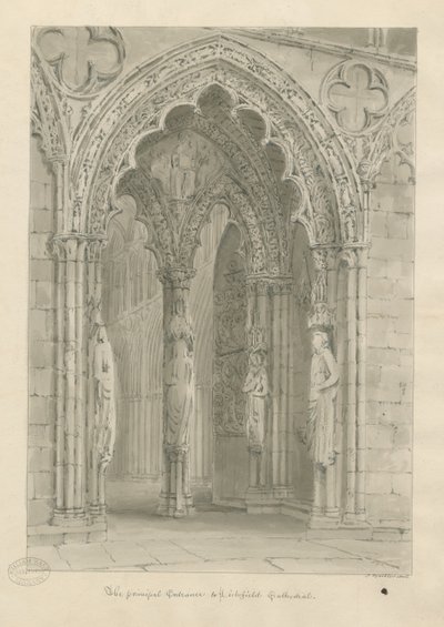 Catedral de Lichfield - Porta Oeste: desenho sépia de John Buckler