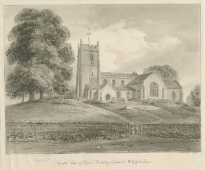 Igreja Madeley: desenho de lavagem sépia de John Buckler