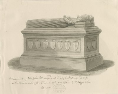 Igreja Maer - Monumento a Sir John Bowyer e Lady Catherine: desenho em sépia, 1843 de John Buckler