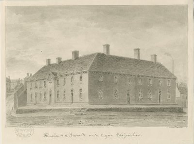 Newcastle-under-Lyme - Almshouses: desenho sépia, 1840 de John Buckler