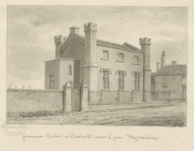 Newcastle-under-Lyme - escola secundária: desenho em sépia, 1840 de John Buckler