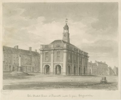 Newcastle-under-Lyme - Market Square: desenho em sépia, 1840 de John Buckler