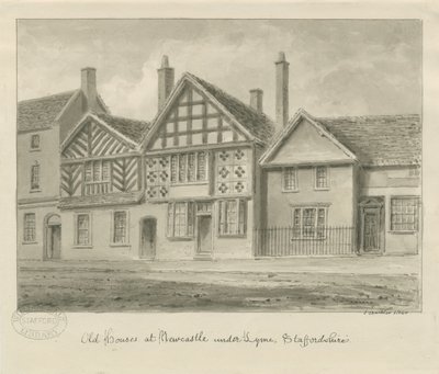 Newcastle-under-Lyme - Casas Antigas: desenho em sépia, 1840 de John Buckler