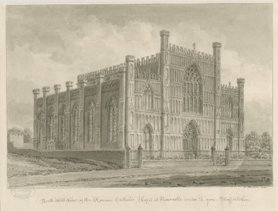 Newcastle-under-Lyme - Capela Católica Romana: desenho em sépia, 1840 de John Buckler
