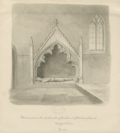 Igreja de Norbury - Monumento a Ralph le Botiler: desenho em sépia, 1843 de John Buckler