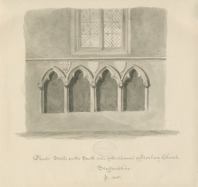 Igreja de Norbury - barracas de sacerdotes: desenho em sépia, 1843 de John Buckler