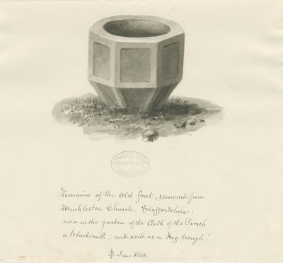 Fonte antiga da Igreja de Mucklestone: desenho de lavagem sépia, Jun 1843 (desenho) de John Buckler