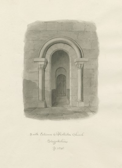 Igreja Rolleston - Entrada Sul: desenho sépia de John Buckler