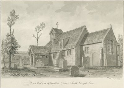 Igreja Rushton Spencer: desenho em sépia, 1844 de John Buckler