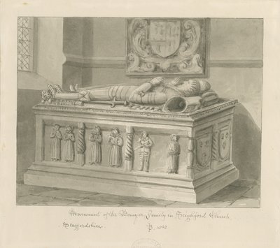 Seighford Church - Túmulo de William e Mercy Bowyer: desenho em sépia, 1842 de John Buckler