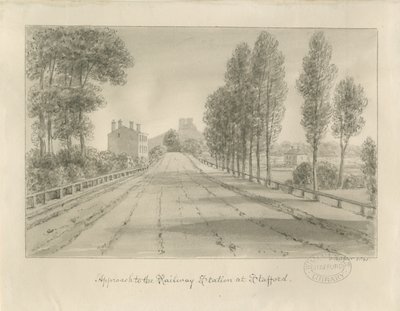 Stafford - Aproximação à Estação Ferroviária: desenho sépia de John Buckler