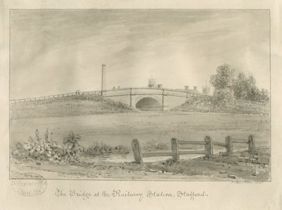 Stafford - Bridge at Railway Station: desenho sépia, 1841 de John Buckler