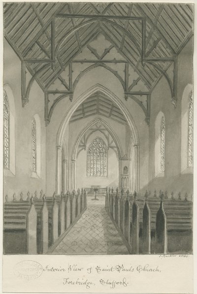 Stafford - Interior da Igreja de S. Paulo, Forebridge: desenho sépia de John Buckler