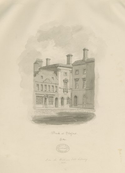 Stafford - Old Bank in Market Square: desenho em sépia de John Buckler