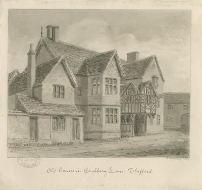 Stafford - Old Houses in Crabbery Lane: desenho em sépia de John Buckler