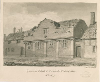 Tamworth - Grammar School: desenho em sépia, 1838 de John Buckler
