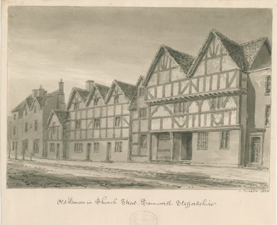 Tamworth - Old Houses in Church Street: desenho em sépia, 1838 de John Buckler
