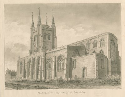 Igreja Tamworth: desenho de lavagem sépia de John Buckler