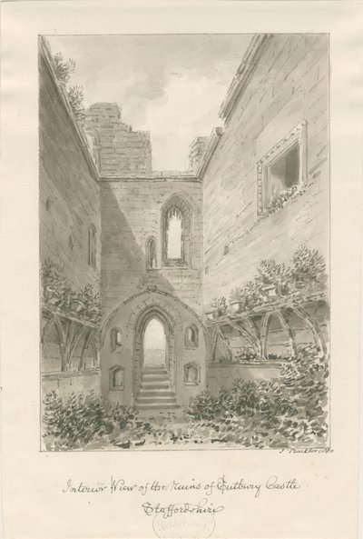 Castelo de Tutbury - Interior de Ruínas: desenho de lavagem sépia de John Buckler