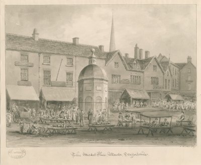 Cidade Uttoxeter - Mercado: desenho de lavagem sépia de John Buckler