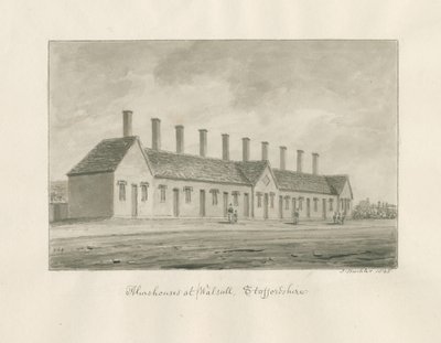 Walsall - Almshouses: desenho de lavagem sépia de John Buckler