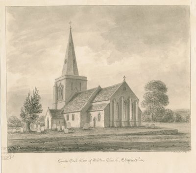 Igreja de Weston-on-Trent: desenho em sépia, 1841 de John Buckler