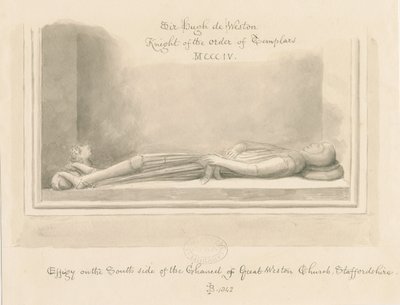 Igreja Weston-under-Lizard - Efígie de Sir Hugh de Weston: desenho em sépia, 1842 de John Buckler