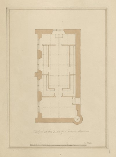 Wiltshire - Sarum - Planta do Palácio do Bispo: desenho sépia colorido de John Buckler
