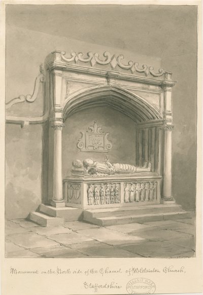 Igreja Wolstanton - Monumento: desenho de lavagem sépia de John Buckler