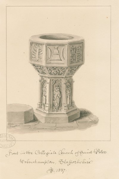 Wolverhampton - Fonte na Igreja de São Pedro: desenho em sépia, 1837 de John Buckler