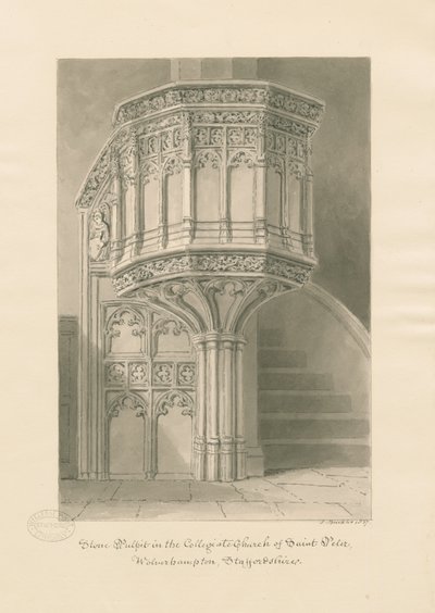 Wolverhampton - Púlpito de Pedra na Igreja de São Pedro: desenho em sépia de John Buckler