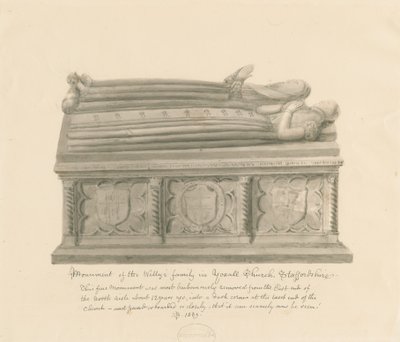 Igreja Yoxall - Monumento da família Welly: desenho em sépia de John Buckler